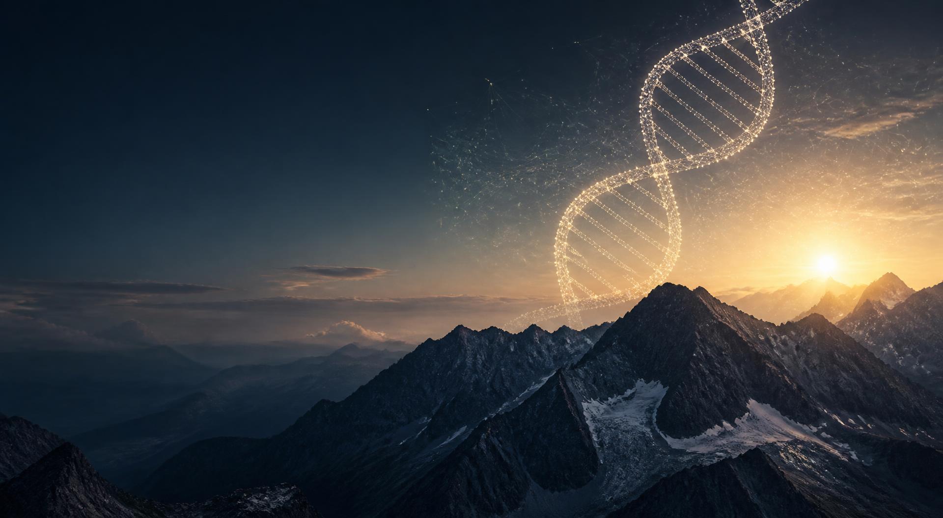 Mountain sunrise beneath a luminous DNA strand